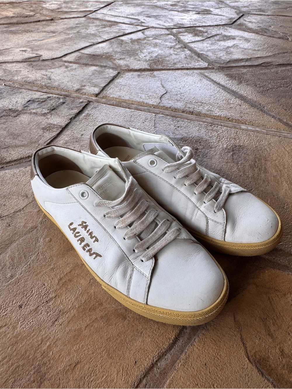 Saint Laurent Court Classic SL/06 White Leather Sneakers Gold Logo EU 39 US 9